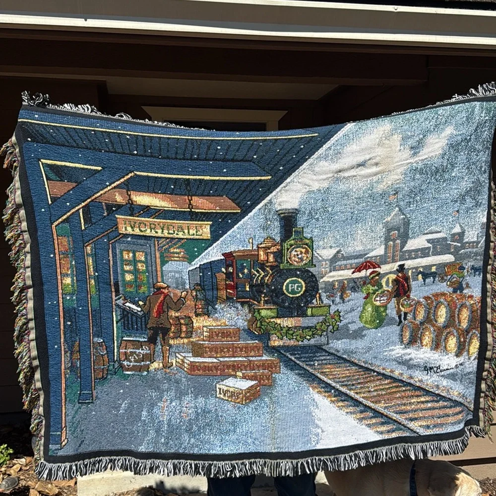Vintage Northwest Company Winter Train Station Woven Tapestry Throw Blanket